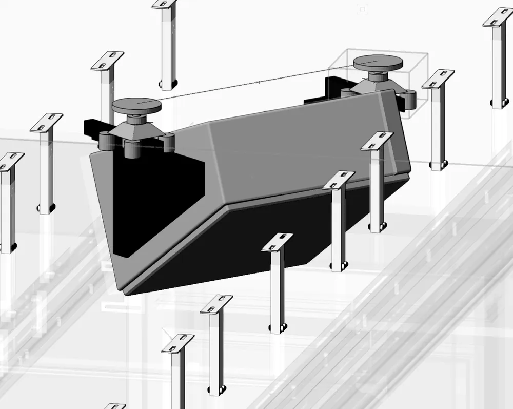 3D design model of the bespoke mount, showing a loudspeaker suspended between two IsoAcoustics V120 isolators on a custom bracket